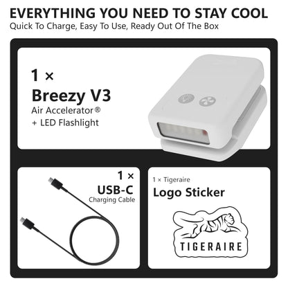 Tigeraire Breezy Clip-On Hat Fan for Sportsmen & Tradesmen - Lightweight Head Cooler, USB-C Recharge, 11 MPH Airflow, 10+ Hr Runtime, Defogs Eyewear & Face Shields - Portable Heat Relief - White