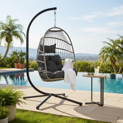 GDFStudio Outdoor Egg Hanging Chair with Stand, Patio Wicker Swing Egg Chair Indoor Outdoor Hammock Chair, 350 lbs Capacity, Black Gray
