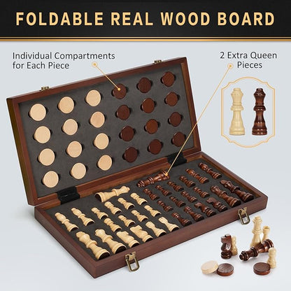 2 in 1 Magnetic Wooden Chess and Checkers Board Game Set 15 Folding Chess Boards with 2 Extra Queens Portable Travel Chess Sets with Pieces Storage Slots Beginner Chess Game Set for Kids Adults