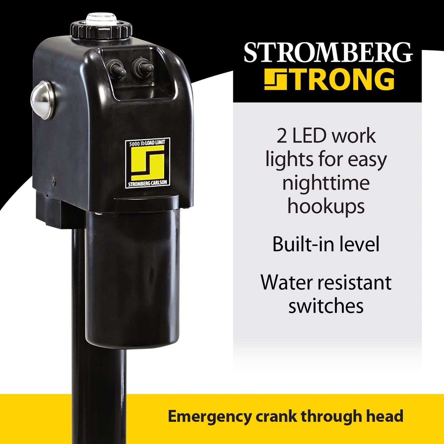 Stromberg Carlson JET-5000 Electric Tongue Jack - Heavy Duty Jack with Motor Protection, 18" Travel & 5" Drop Down Leg, Stabilizing, Leveling & Lifting for RVs, Campers, Utility Trailers, 5000 lb