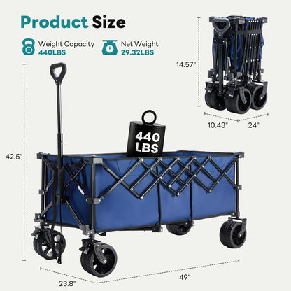 OLIXIS 49" Wagon Cart Collapsible 440lbs Foldable Extra Long Heavy Duty Utility Wagon with Wheels, Portable Storage Grocery Cart for Camping, Shopping, Sports, Beach, Garden, Blue