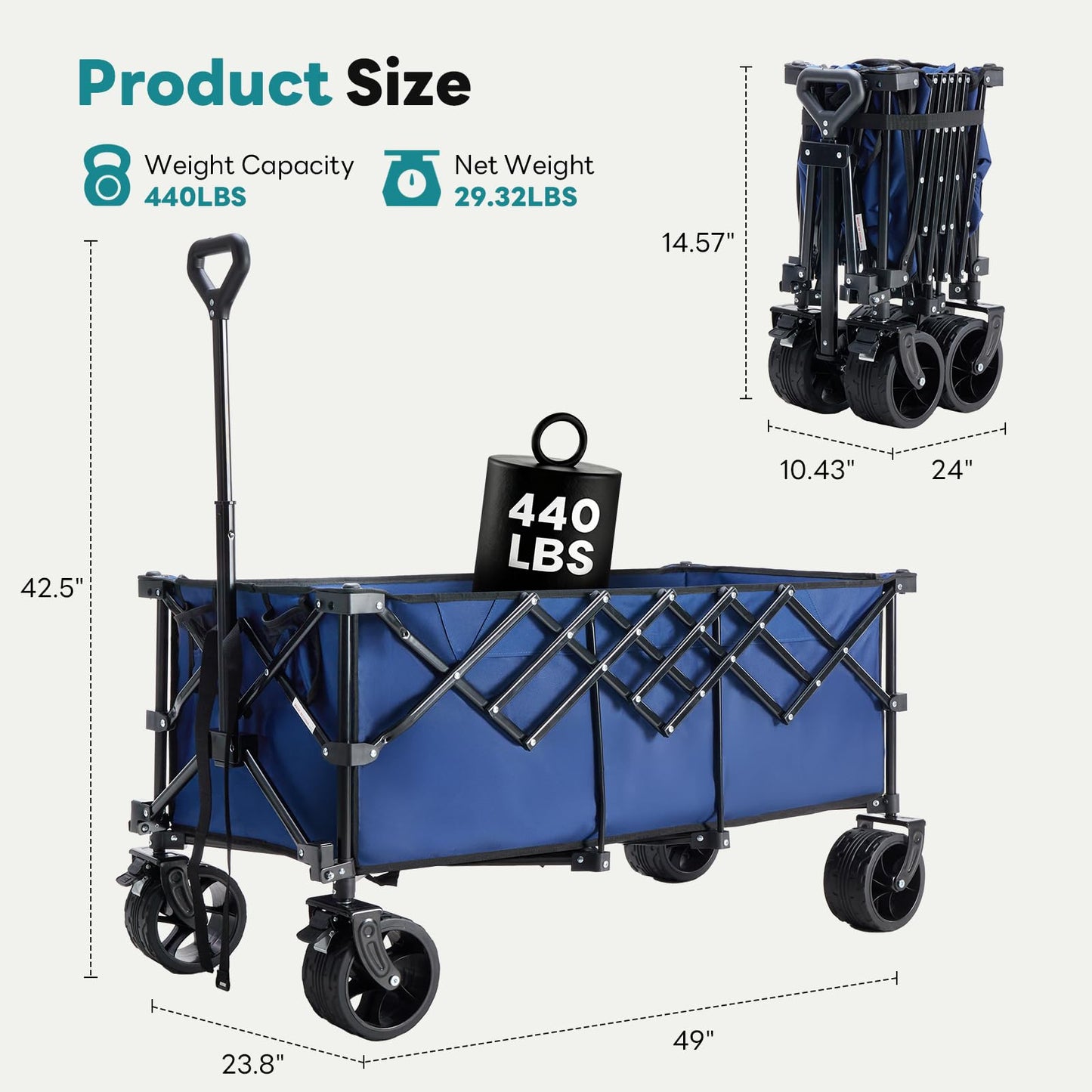 DUMOS 49''L Collapsible Extended Wagon with 440LBS Capacity, Heavy Duty Wagons Garden Cart with All-Terrain Big Wheels & Drink Holders, 250L Foldable Carts for Sports, Shopping, Camping, Blue