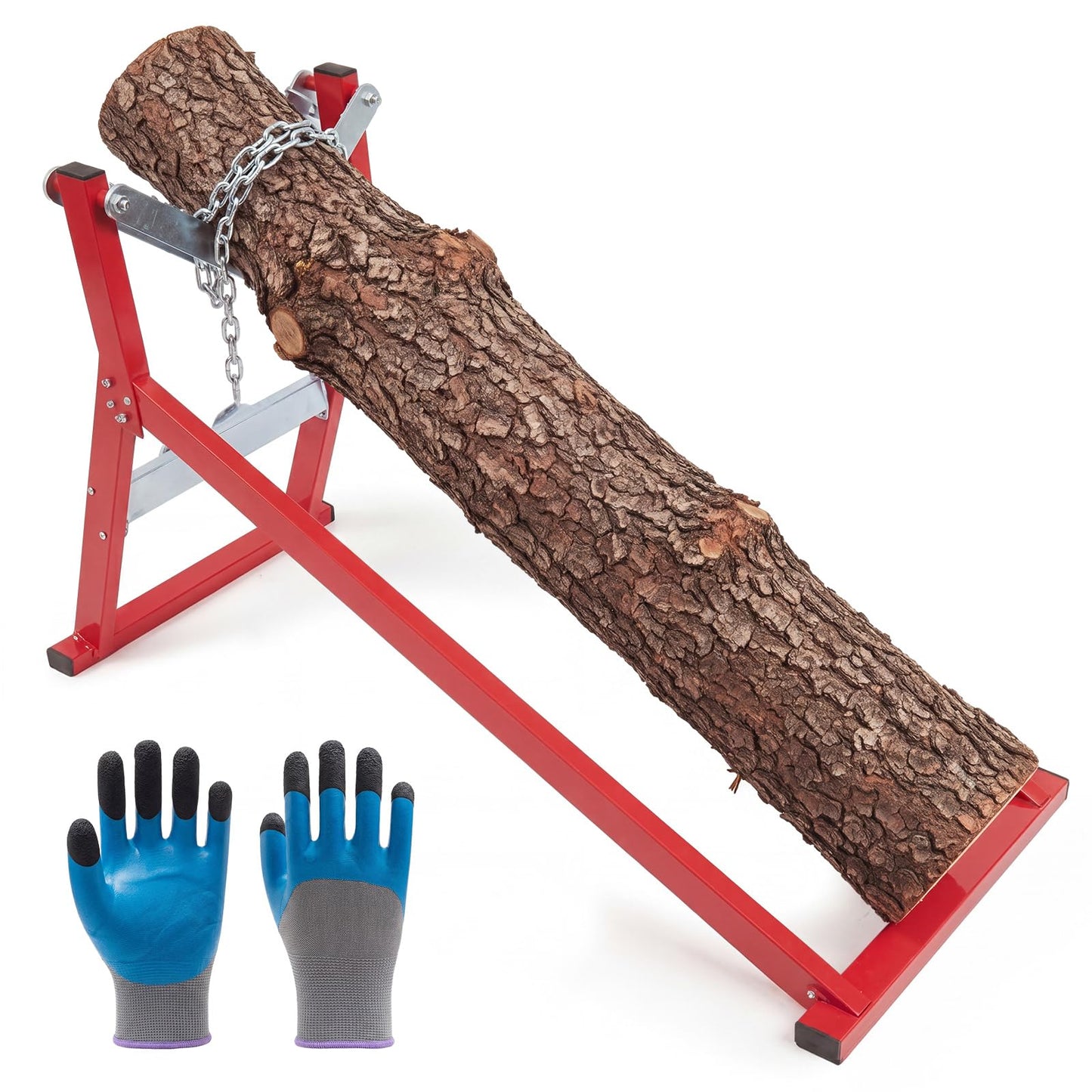 Moxweyeni Heavy Duty Steel Log Holder for Cutting Firewood, Folding Chainsaw Sawhorse Stand with Locking Chain & Safety Gloves, Log Cutting Stand for Woodworking, Fits Logs up to 13" Diameter