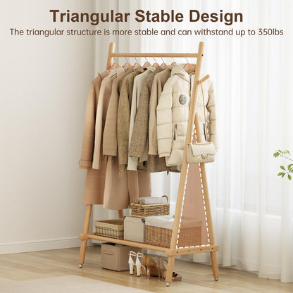 Muwuele Solid Wood Clothing Rack, Rolling Clothes Rack for Hanging Clothes, Garment Rack with Shelves Load 350 Lbs, Portable Closet Organizer on Wheels for Hanging Clothes (Natural)