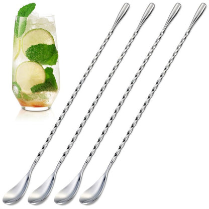 4 Pcs Bar Spoon Cocktail Mixing – Stirs Deep Glasses All the Way to the Bottom, Even Mixing & Easy Drink Layering – 12'' Long Balanced Stainless Steel Cocktail Stirrers for Drinks with Twisted Handle