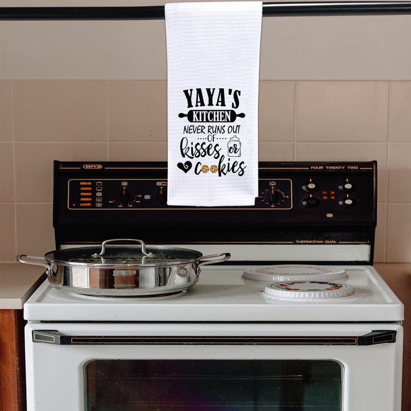 POFULL Yaya Gift Grandma Mother's Day Gift Yaya's Kitchen Never Runs Out of Kisses and Cookies Dish Towel (Yaya towel)