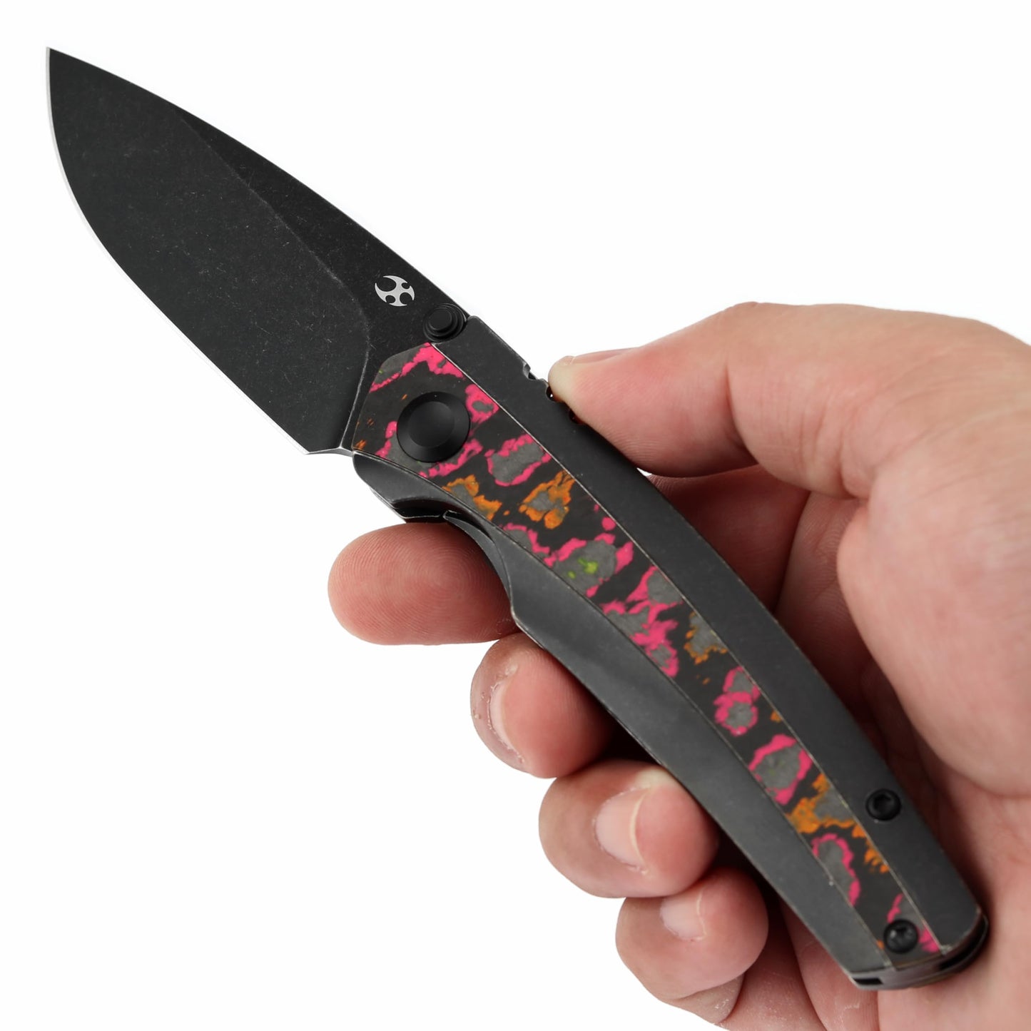 KANSEPT Raven Pocket Knife,3.14''Stonewashed CPM 20CV Sharp Blade,Black Titanium Layin Flo Party Camocarbon with Sturdy Frame Lock,Thumb Stud Pocket Clip for Edc,Camping Survival Hiking Knives K2109A6