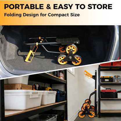 Stair Climbing Dolly - Heavy Duty Stairs Climber Hand Truck for Moving, 380LBS Capacity Folding Cart with 5.9" Triple Wheels, Adjustable Handle, Portable for Home Furniture Grocery Warehouse Office