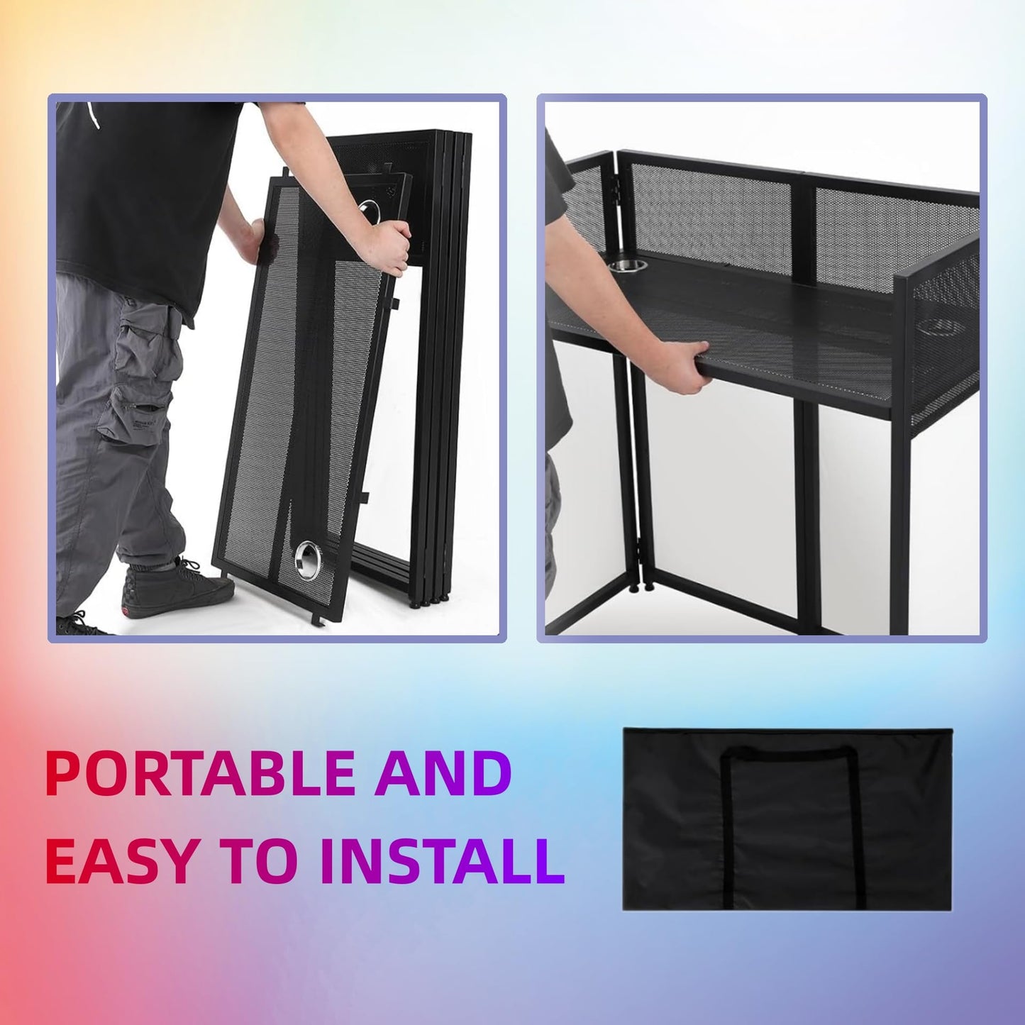 COZONY Portable DJ Facade Booth, 40"L x 20"W x 43.2"H, Black Metal Frame DJ Table with Adjustable Feet