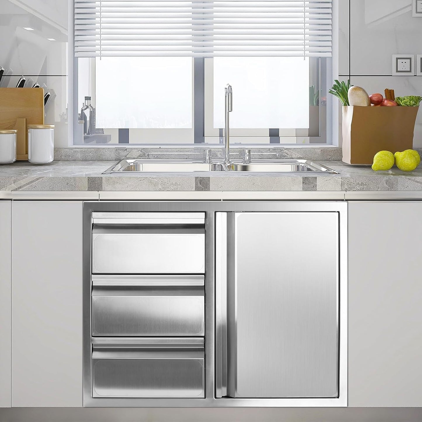 Outdoor Kitchen Drawer Combo, Stainless Steel Sealed Storage Combo with Triple Drawers, Outdoor Kitchen for BBQ Island, Grilling Station, Outside Cabinet (27.8" W x 21.8"D x 19.6" H)（Left Drawer）