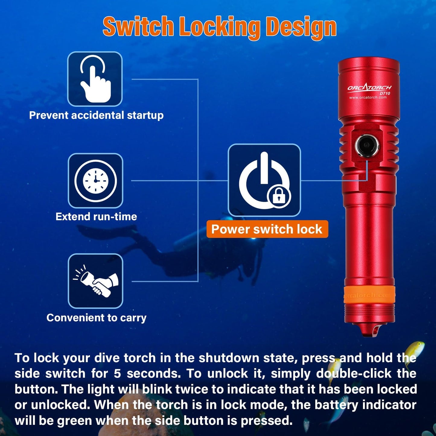 ORCATORCH D710 Scuba Diving Light, 3000 Lumens Super Bright Underwater Flashlight with 6 Degrees Narrow Beam, IP68 Waterproof Night Dive Torch 150 Meters Submersible Light (Red)