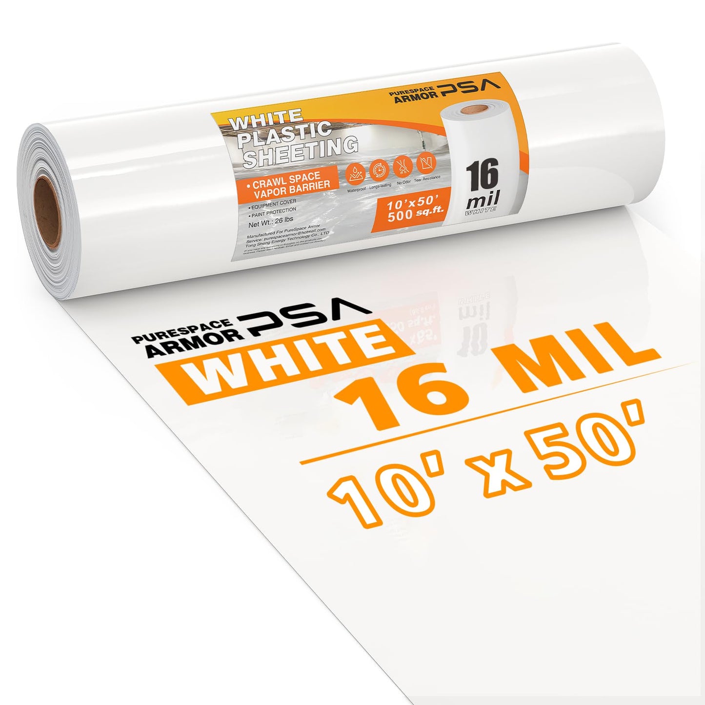 Crawl Space Vapor Barrier, 16 Mil 10'x50', White Plastic Sheeting - Thick Plastic Sheeting, Heavy Duty Polyethylene Film, Drop Cloth Vapor Barrier Covering for Crawl Space, Basement