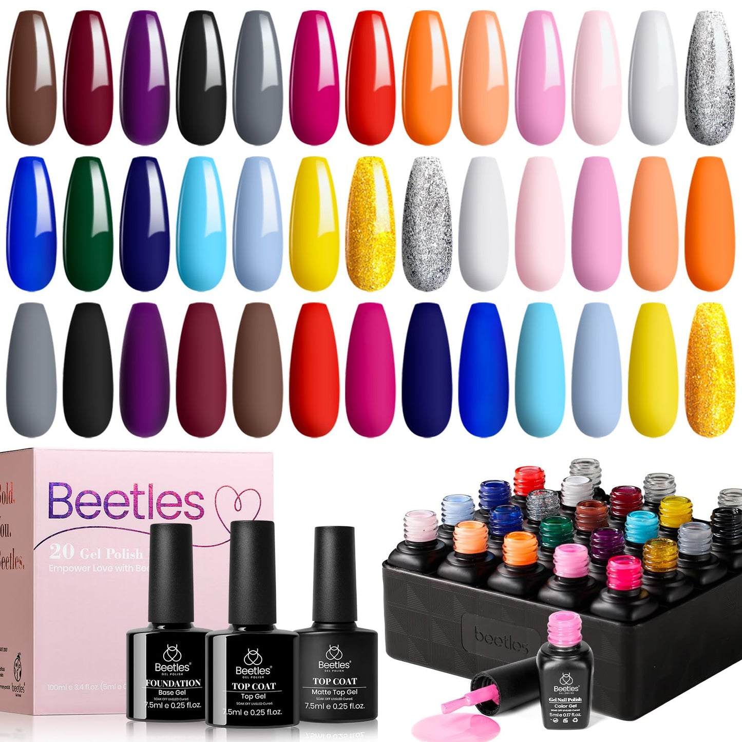 Beetles Cat Eye Gel Polish Set - 24Pcs 20 Colors Glitter Dark Color Changing Gel Nail Polish Kit with Base Gel Glossy Matte Top Coat Soak off UV DIY Nail Art Salon Ombre Black Nails Gift