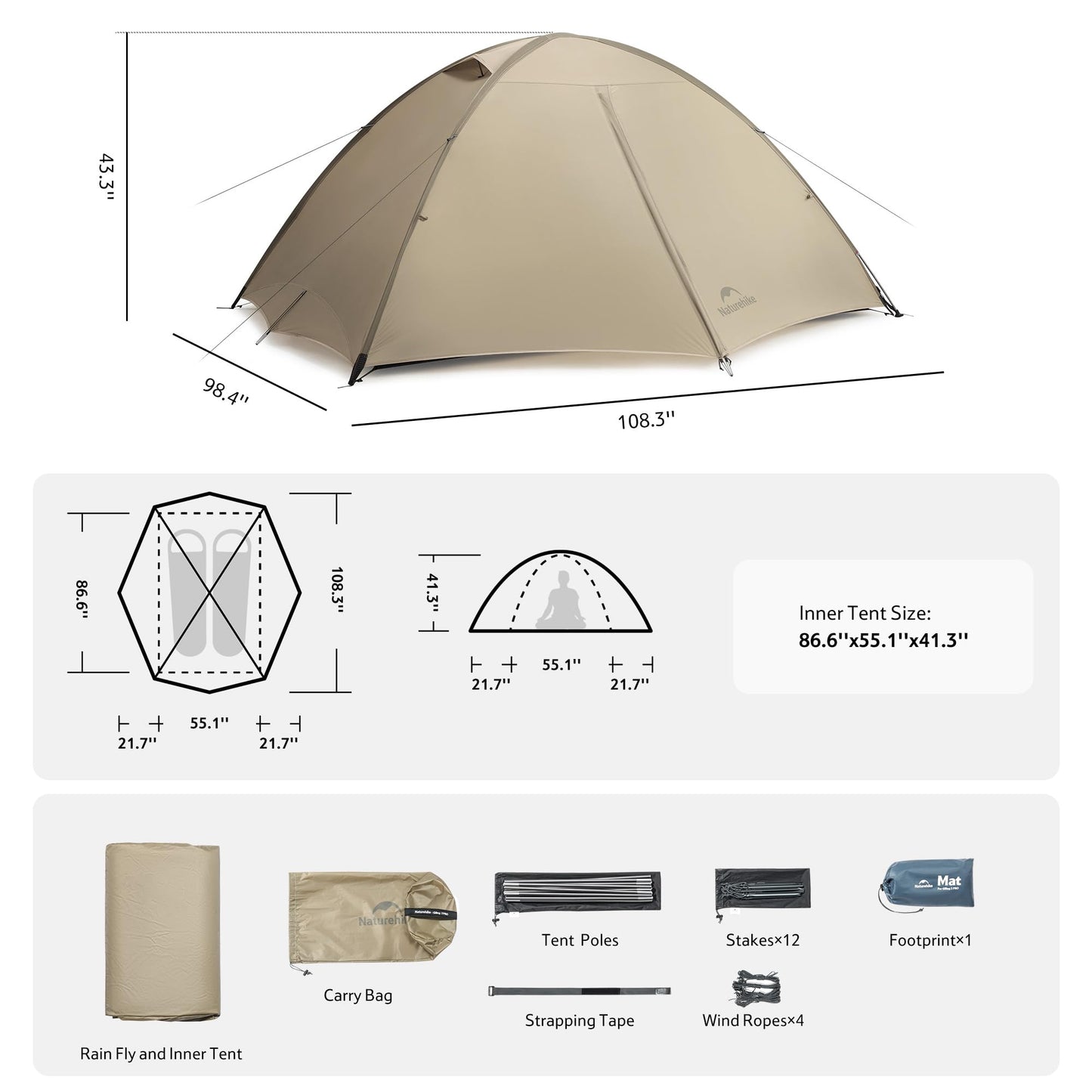 Naturehike Giling 1/2 Person Backpacking Tent 4 Season Lightweight Tent for Hiking & Bikepacking Easy Setup 3000mm Waterproof Ultralight CampingTents for Outdoor Cycling