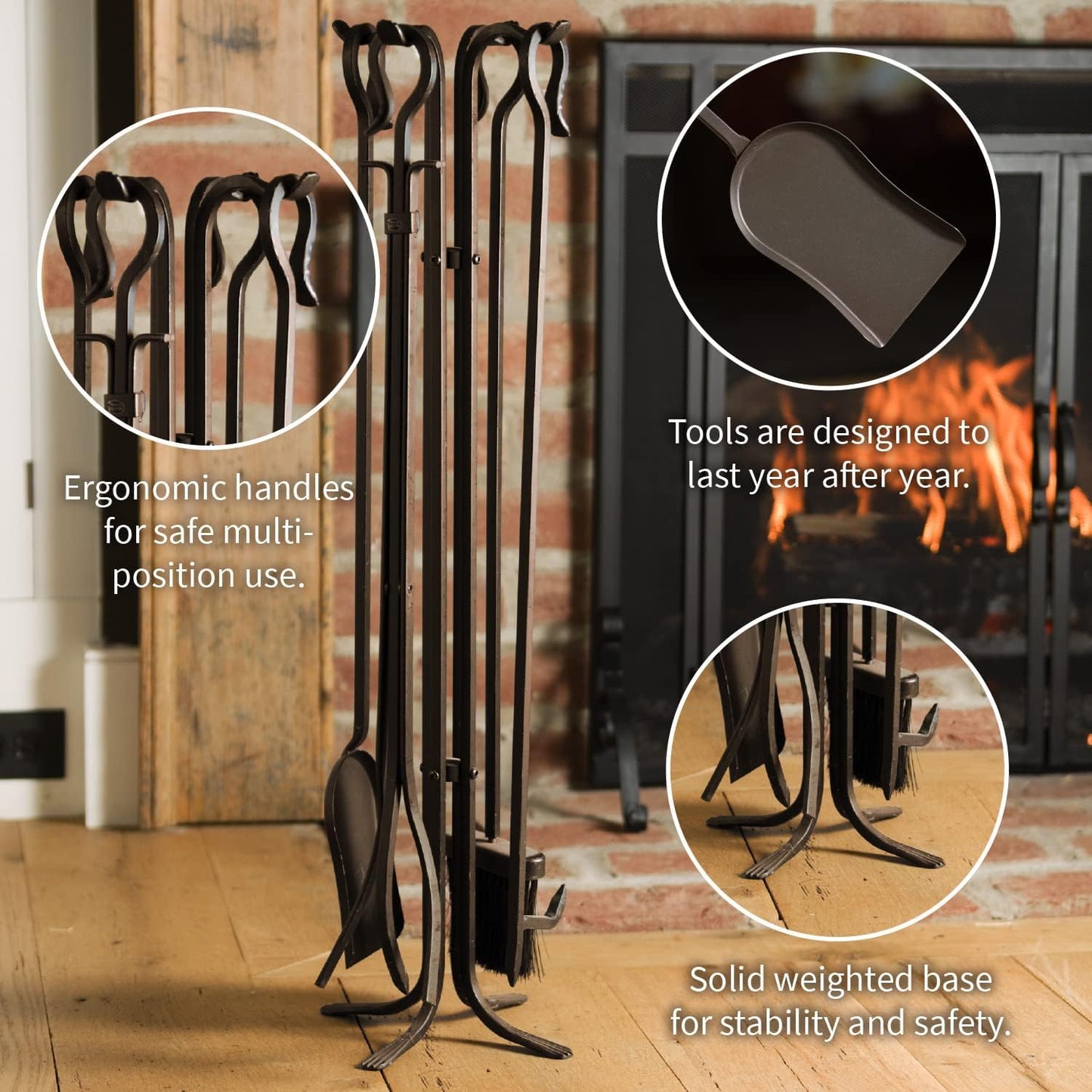 Plow & Hearth 5 Piece Hand Forged Iron Compact Fireplace Tool Set 27.5" | Black Wrought Iron Handle for Outdoor Indoor | Stand Poker Shovel Brush Log Tongs Wood Stove Accessory