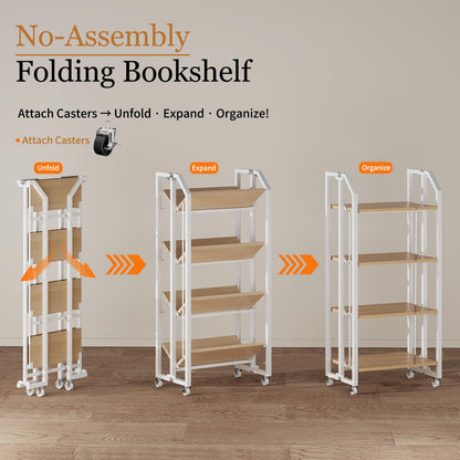 VYRIVA No Assembly Double-Sided Folding Bookshelf for Living Room, 4 Tier Collapsible Book Shelf for Home Office, Portable Bookcase Storage Organizer