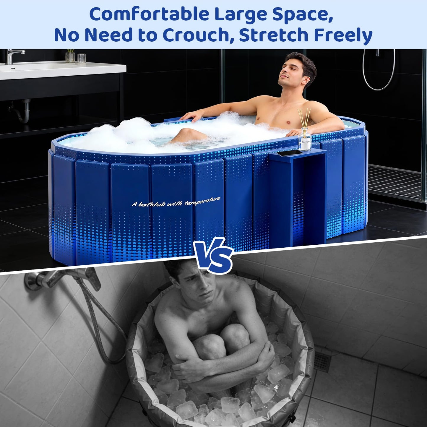 HLCZLUZ Portable Foldable Bathtub, Freestanding Bathtub No Installation, Bathroom SPA Soaking Bath Tub, Shower Stall Collapsible Hot & Ice Bath Tub (Blue with Storage Rack, 59"L x 21.6"W x 19.6"H)