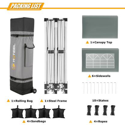 HOTEEL 10x20 Pop Up Canopy Tent with 6 Sidewalls, Waterproof UV50+ Outdoor Shelter for Parties and Events, Easy Setup with Wheeled Bag & 4 Weight Bags, Gray
