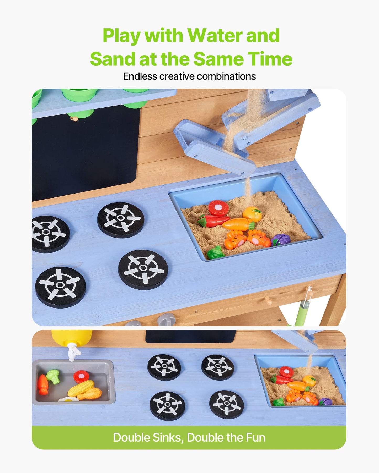 VEVOR Mud Kitchen, Outdoor Mud Kitchen for Kids, Wood Outdoor Play Kitchens with Stoves, Hooks, Double Sinks, Planting Shovels, Spatulas, Cookware Pots and Accessories, Play with Water and Sand