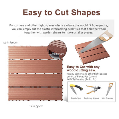 EchoDeck Interlocking Deck Tiles,44 Pack Deck Tiles Interlocking Outdoor All Weather,Patio Deck Tiles,12"x12",Vertical,Sturdy Base,Highly Durable,Stylish,Non-Slip,Faster-Drying,Efficient,Brown