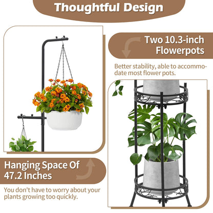 CZWL&HG Hanging Plant Stand Adjustable 2-Tier 72" Metal Shelf -Tall Indoor/Outdoor Plant Rack with Hangers for 4 Potted Flowers, Corner Shelf for Living Room & Patio (Black)