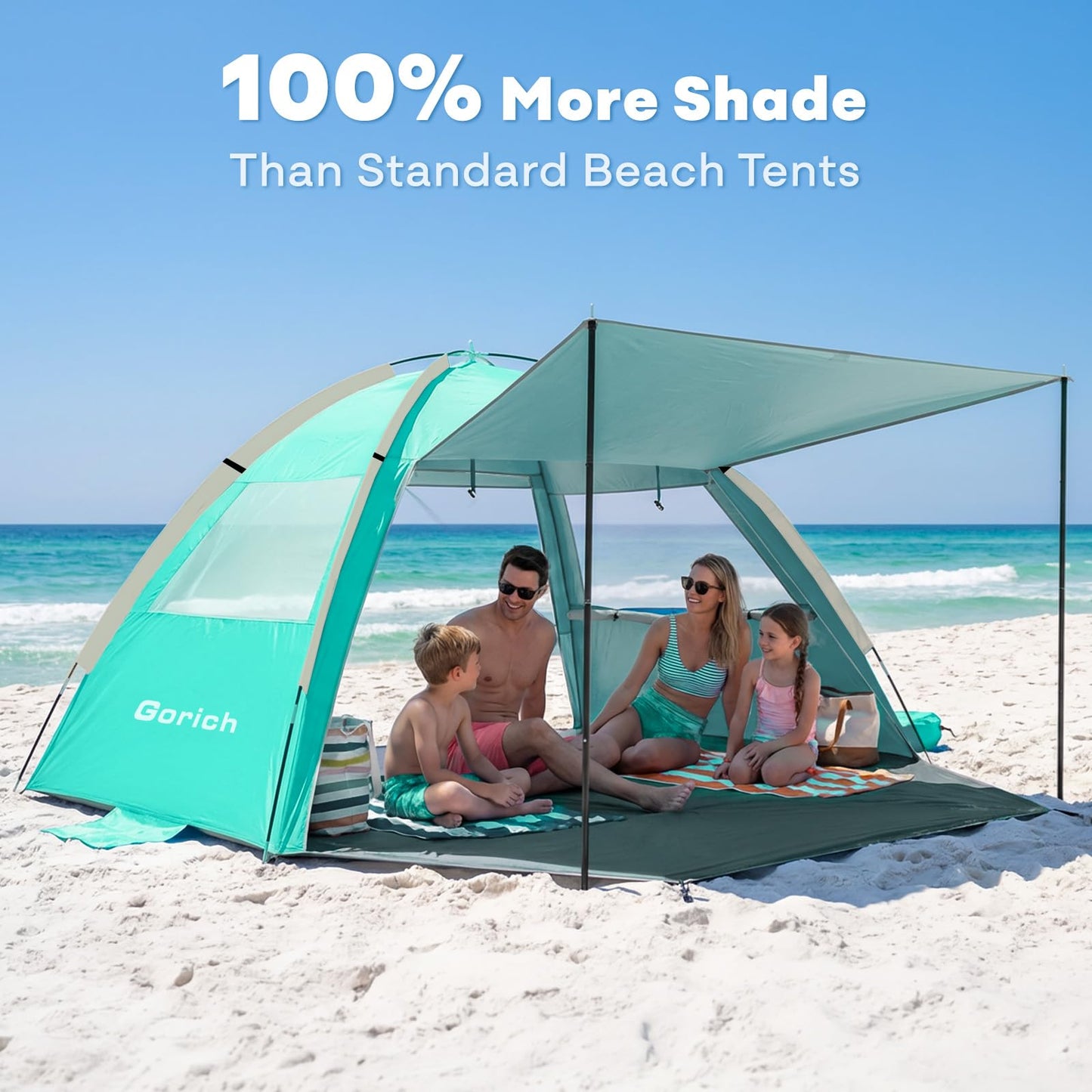 Gorich Beach Tent Sun Shelter with Canopy, Easy Setup UPF50+ UV Protection Sun Shade for 3-4/5-6/7-8 Person, Lightweight & Compact Beach Umbrella for Family Travel