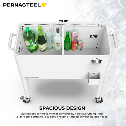 Permasteel Party Cooler with Divider, Spacious 80-Qt Capacity, Chills 36hrs, Serving Tray, Rolling Ice Chest for Indoor and Outdoor Entertainment, Matte White