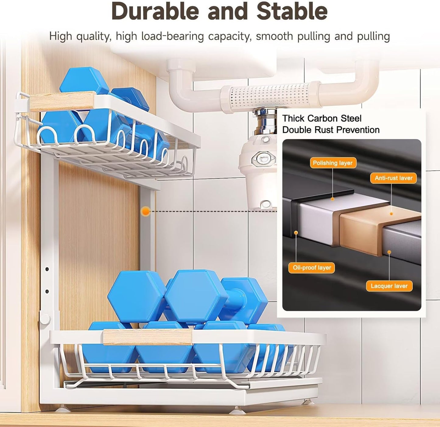 Sevenblue Under Sink Organizer - Height Adjustable 2-Tier Storage Shelf for Kitchen & Bathroom (White, Extra Large)