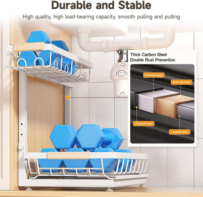 Sevenblue Under Sink Organizer - Height Adjustable 2-Tier Storage Shelf for Kitchen & Bathroom (White, Extra Large)
