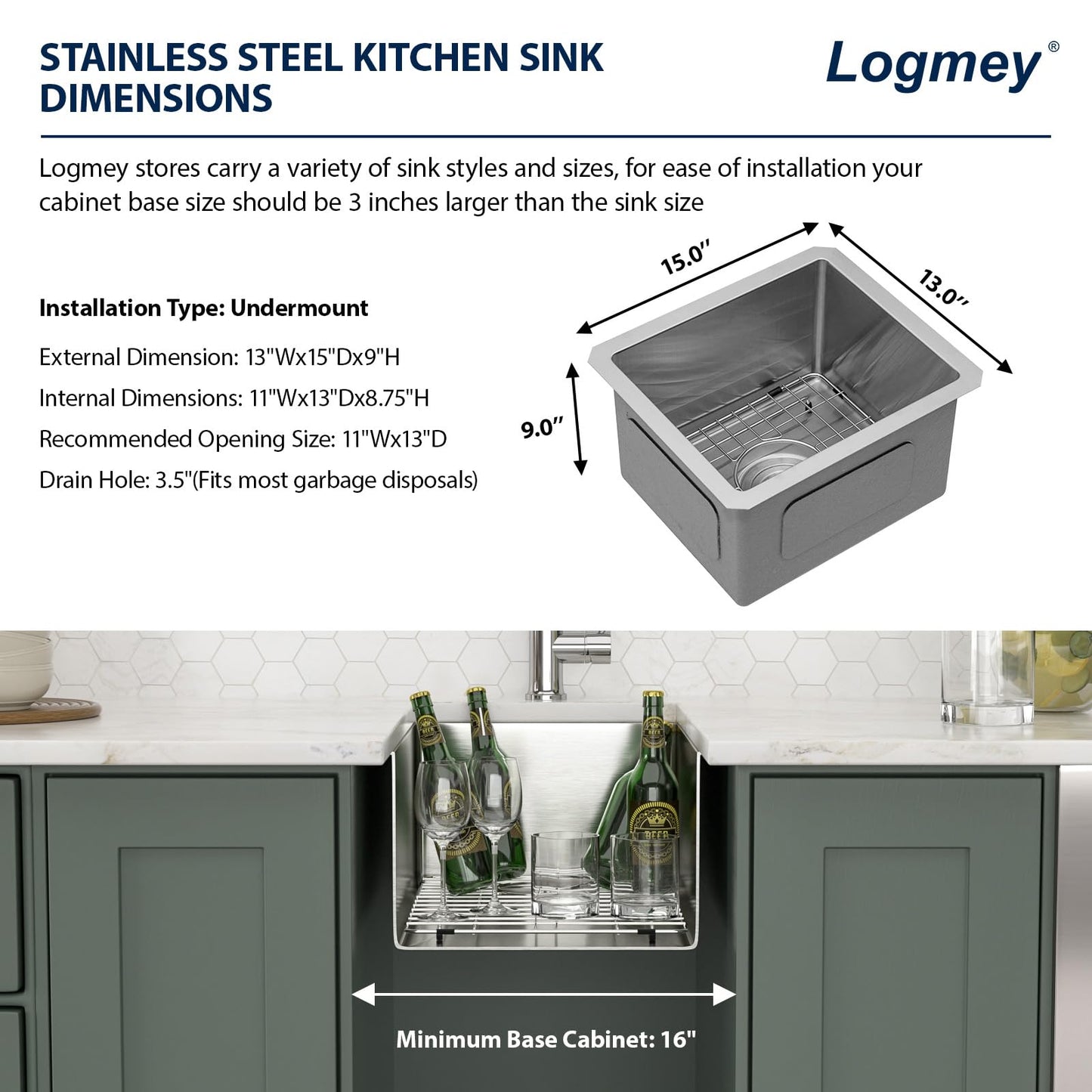 Logmey 13x15 Undermount Bar Sink,16 Gauge Heavy-Duty Stainless Steel Handmade Small Kitchen Sink,Scratch-resistant,Easy Clean,13x15x9 Single Bowl Utility Sink for RV & Prep Station