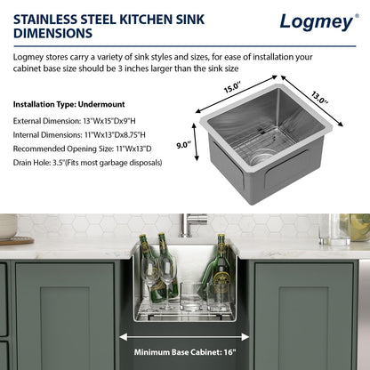 Logmey 13x15 Undermount Bar Sink,16 Gauge Heavy-Duty Stainless Steel Handmade Small Kitchen Sink,Scratch-resistant,Easy Clean,13x15x9 Single Bowl Utility Sink for RV & Prep Station