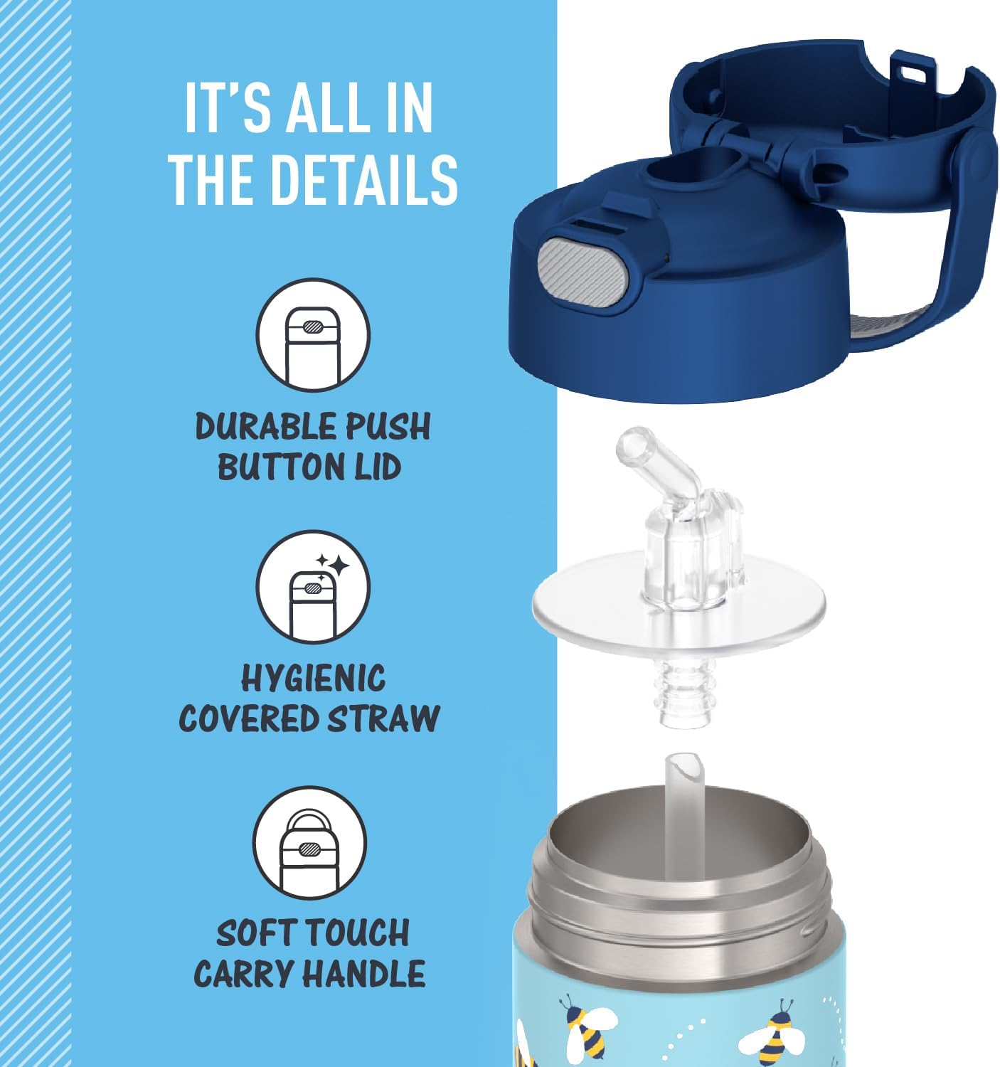 Thermos Funtainer 12 Ounce Kids Straw Bottle - Stainless Steel Vacuum Insulated, Honey Bees Design