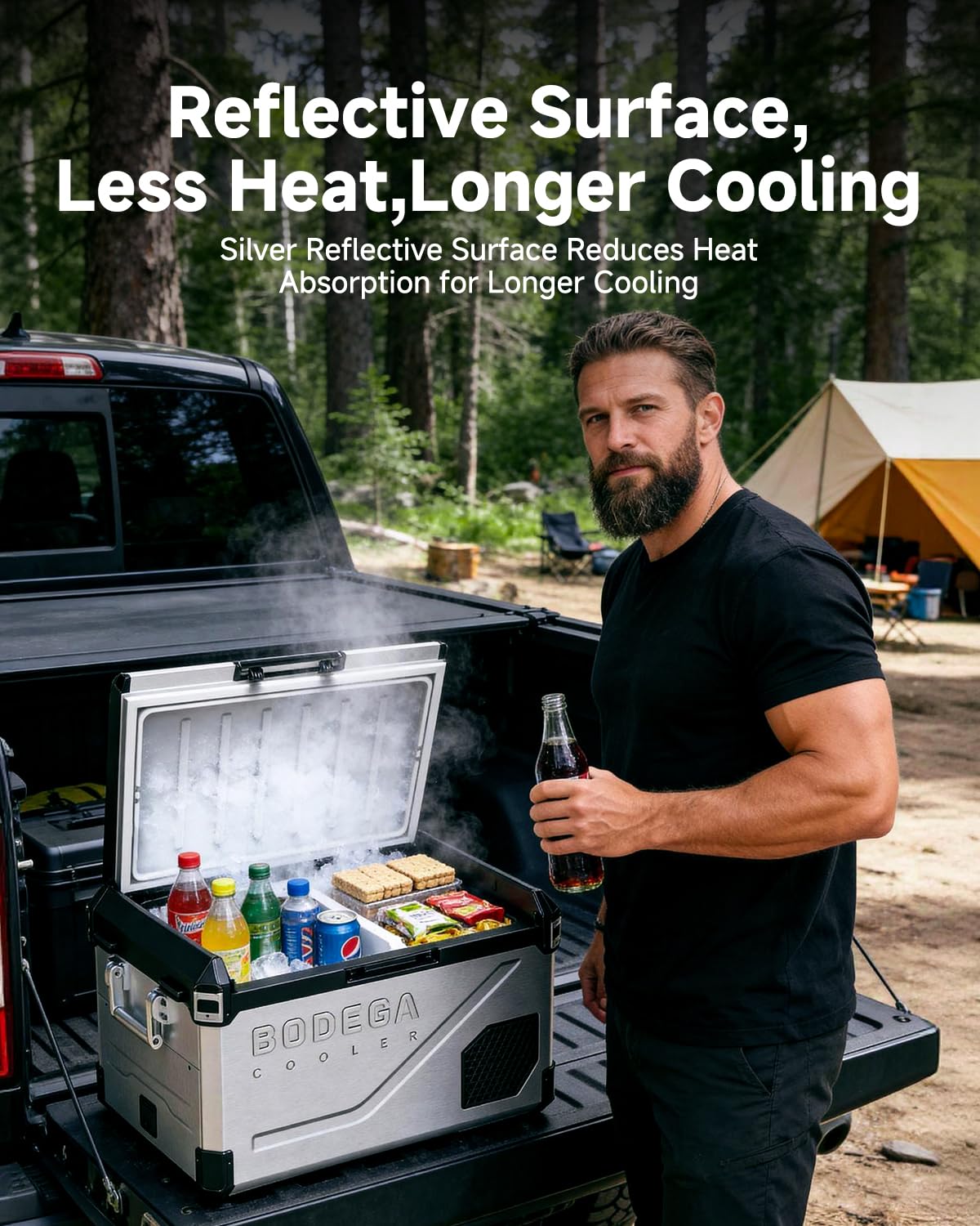 BODEGA Portable 12V Car Refrigerator, 47QT Stainless Steel Fridge with Removable Divider for Dual Zone MAX/ECO Modes & Battery Protection, Electric Cooler for RV, Truck, Camping
