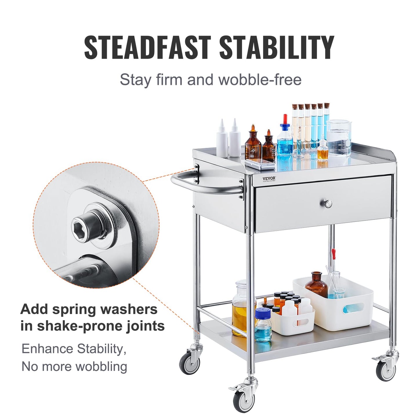 VEVOR Stainless Steel Utility Cart with Wheels - Medical/Dental Lab Cart - 2 Shelves/1 Drawer