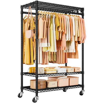 ULIFHOME P7 Rolling Clothes Rack, Clothing Racks for Hanging Clothes, Heavy Duty Garment Rack with Wheels, 3 Tiers Freestanding Portable Closet Rack 45''W × 20.5''D × 80.5''H, Max Load 480 lbs, Black