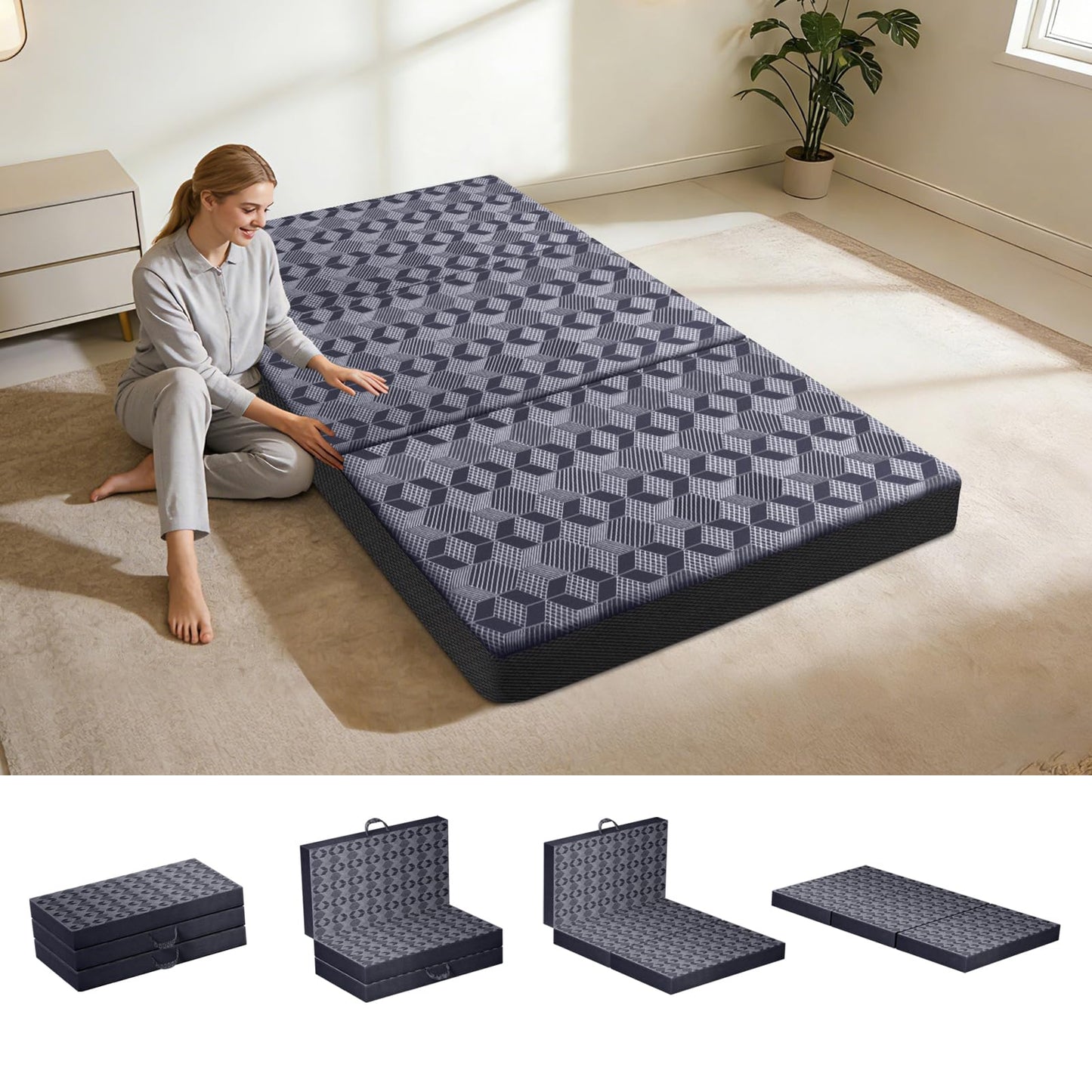 Ciremiv Tri-Fold Mattress Twin Size, 4 Inch Memory Foam Mattress with Washable Cover, Handles and Non-Slip Bottom- Portable Folding Mattress for Guest Bed, Camping, Travel & Floor Sleeper,Dark Grey