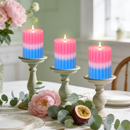 FLAVCHARM Ribbed Pillar Candles Fruity Floral Scented Pink Blue Ombre 3×4 Inch Candle Handcrafted Aesthetic Romantic Aromatherapy Candles for Home Decor Wedding Party Housewarming Gift