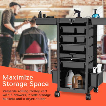 TASALON Lockable Salon Trolley Cart with Wheels and 6 Drawers & 2 Bucket, Versatile Salon Cart for Hair Stylist, Salon Rolling Cart for Extra Storage, Multi-use Cart for Salon, Tattoo, Barber