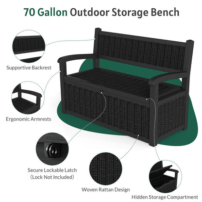 Skepphlay 70 Gallon Storage Bench Outdoor, Deck Box Bench with Armrest, Lockable Outside Benches with Storage, Deck Boxes Waterproof for Pool Patio Garden (Black)