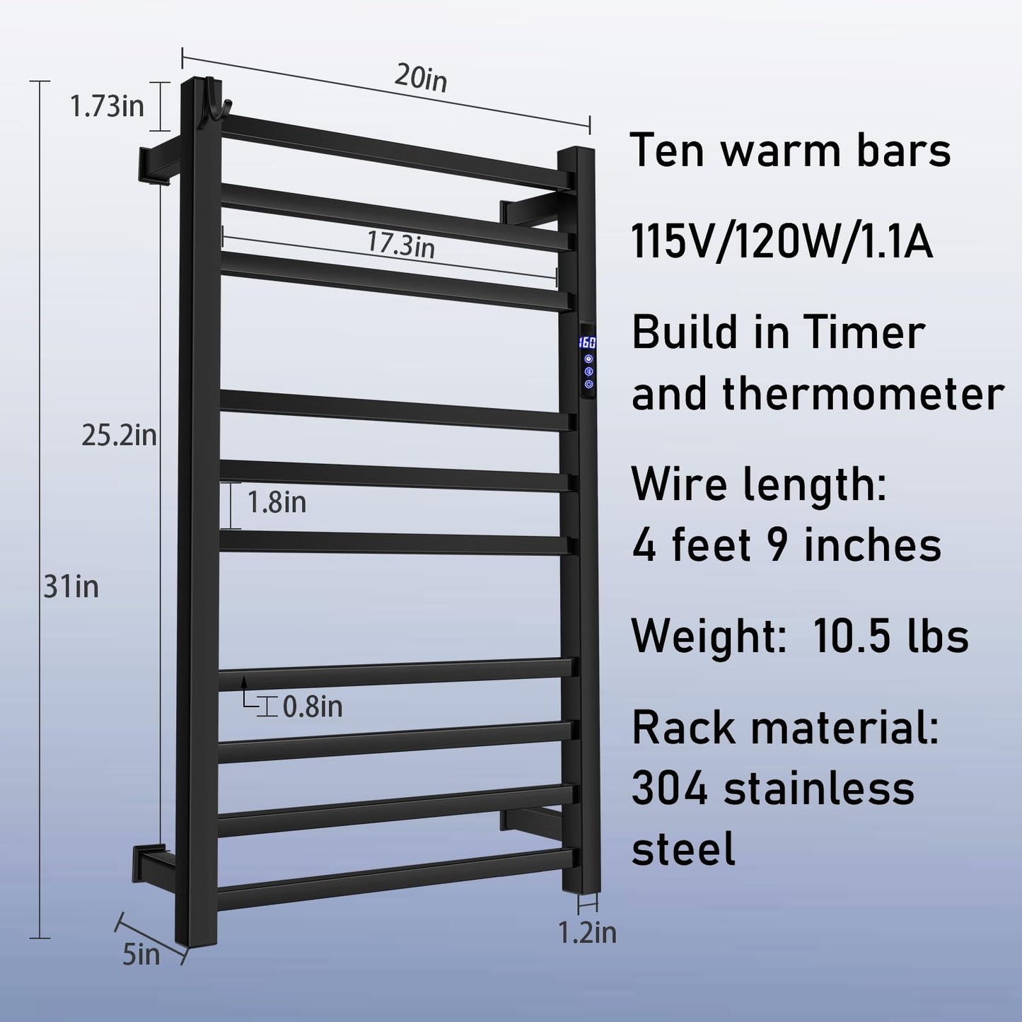 XBVV Black Towel Warmer Rack for Bathroom with Timer/Fahrenheit Display Electric Heated 10 Bars Drying Rail Plug-in or Hardwired Wall Mounted Heating Bath Towel Warming(Matte Black)