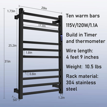 XBVV Black Towel Warmer Rack for Bathroom with Timer/Fahrenheit Display Electric Heated 10 Bars Drying Rail Plug-in or Hardwired Wall Mounted Heating Bath Towel Warming(Matte Black)