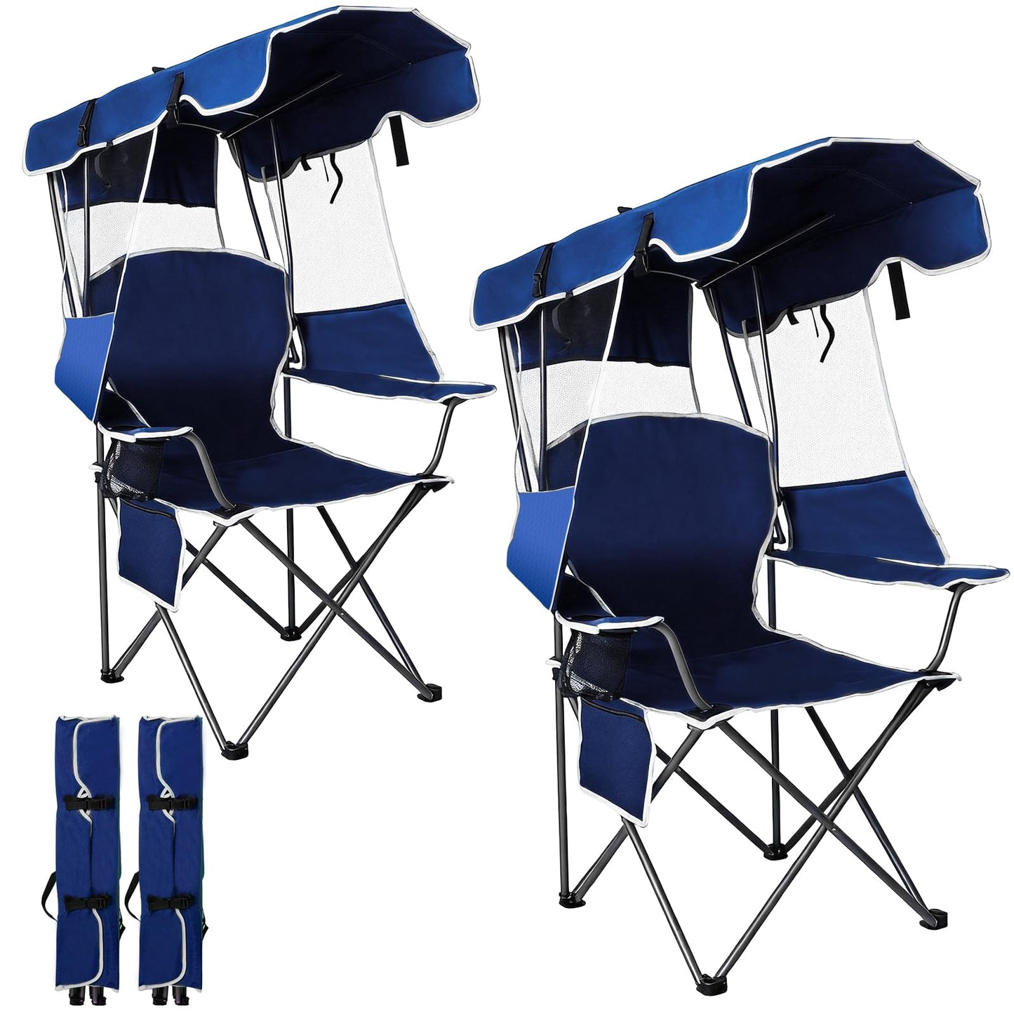 Romswi Folding Canopy Beach Camping Chairs for Adult 2 Pack, Portable Outdoor Chairs with Sunshade,Cup Holder & Side Pocket for Camping, Fishing, Beach, Backyard, Navy