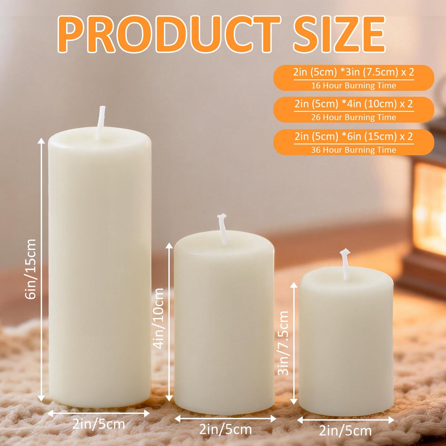 Trxvxo 6-Pack White Pillar Candles Bulk Set - Assorted 3 Sizes (3, 4, 6 Inch, 2 Each), Long-Lasting Dripless, Unscented & Smokeless Hurricane Candles for Wedding, Dinner Party & Romantic Atmosphere.