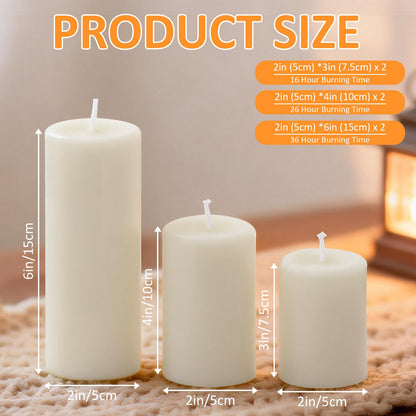 Trxvxo 6-Pack White Pillar Candles Bulk Set - Assorted 3 Sizes (3, 4, 6 Inch, 2 Each), Long-Lasting Dripless, Unscented & Smokeless Hurricane Candles for Wedding, Dinner Party & Romantic Atmosphere.