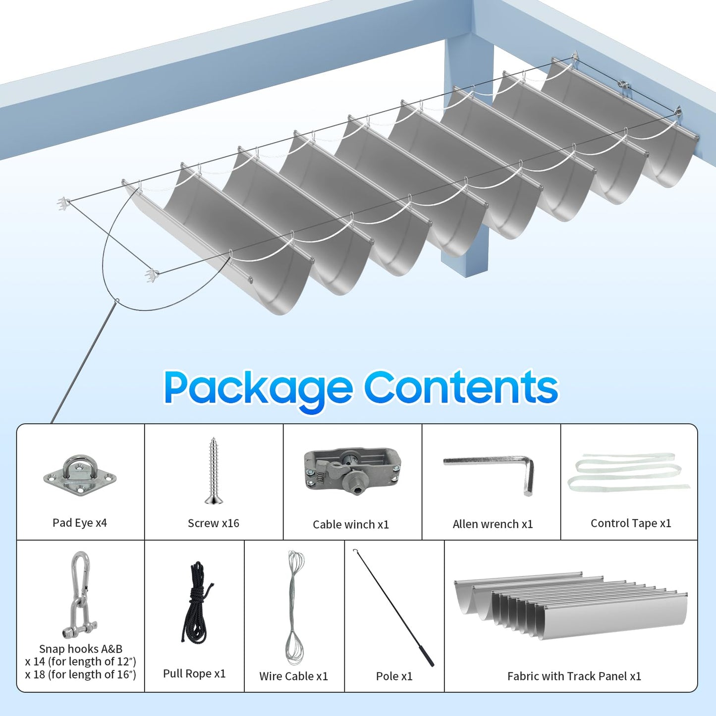 OOTONAT 3'W X 16'L Waterproof Silver Coated Retractable Sun Shade Canopy Cover Sliding Wave Shade Sail for Deck Porch Patio Removable with Hardware Wire Cable, Gray