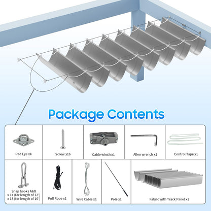 OOTONAT 3'W X 16'L Waterproof Silver Coated Retractable Sun Shade Canopy Cover Sliding Wave Shade Sail for Deck Porch Patio Removable with Hardware Wire Cable, Gray