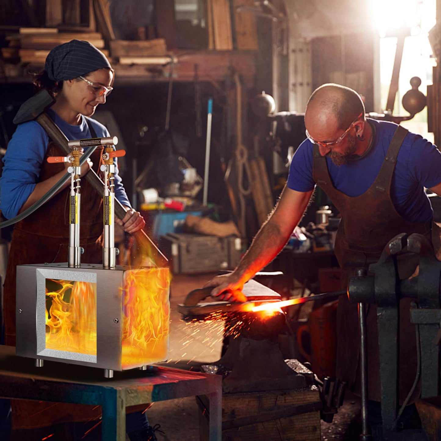 VEVOR Portable Propane Forge, 2 Burners, 2600℉ Tool and Knife Making Blacksmithing Farrier Forge, Large Capacity Square Shape, Stainless Steel Gas Forging Tools and Equipment, Use for Metal Forging