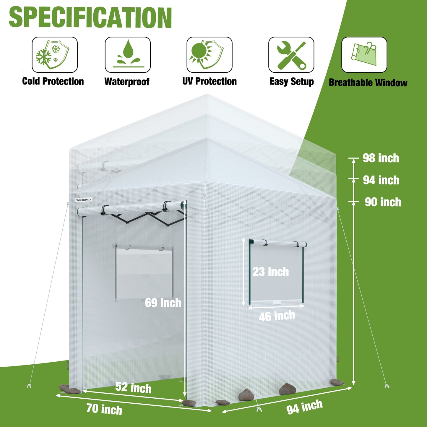 WORKPRO Greenhouse, 94" x70" x98" Pop-up Greenhouse for Outdoors , Heavy Duty Gardening House with Sturdy PE Cover, Roll-up Entry Doors and 2 Screen Windows, for Patio, Backyard, Balcony