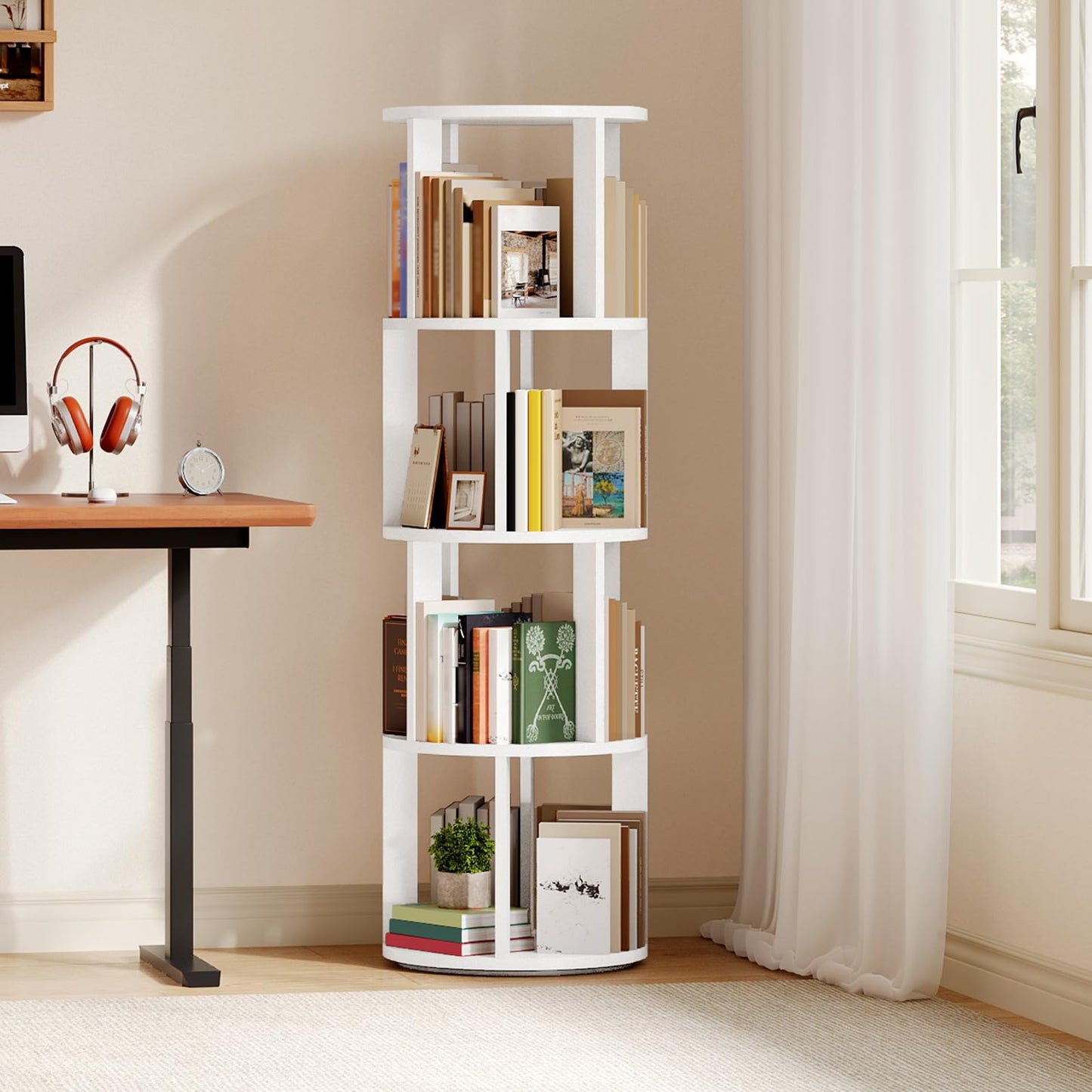 MAHANCRIS Folding Countertop Kitchen Island Cart and 4-Tier Rotating Bookshelf Bundle, Kitchen Island Table with Towel Rack, Spinning Bookshelf Tower, for Living Room, Study, KIBZ12501-BKWT6401
