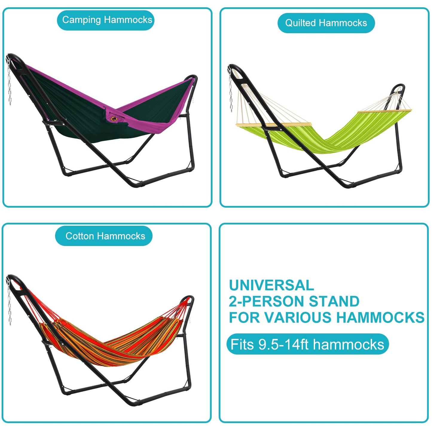 KOKEBREN Hammock Stand, Steel Hammock Frame Heavy Duty 550 LBS Capacity 2Person, Fits Hammocks 9 to 14 Ft, Portable Hammock Rack Adjustable Universal for Indoor Outdoor Backyard Camping Use